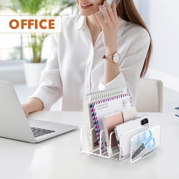 BEYGORM Acrylic Mail Holder, Clear Multifunction Desk Organizer with Divider, Vertical Letter Sorter for Desktop, 5 Compartments Modern Office Home Envelope Organizer for Bill, Document, Folder