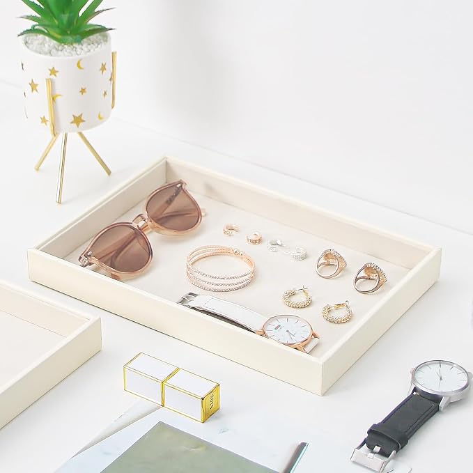 Stackable Jewelry Organizer Tray For Drawers,White Leather Small Earring Storage Tray,Bracelet And Necklace Display Box,Jewelry Ring Display Case (Creamy White Blank Trays)