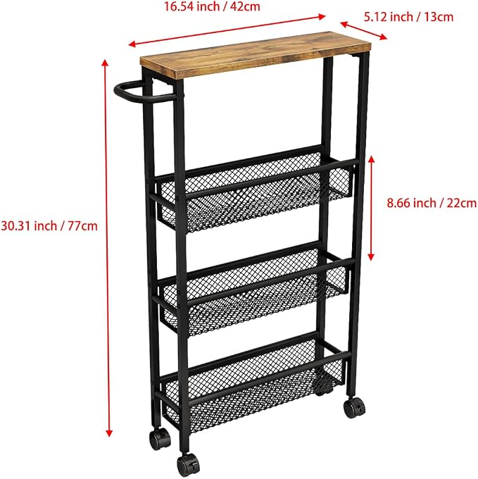AZERPIAN Slim Rolling Cart 4 Tier Narrow Storage Cart on Wheels with Metal Handle for Kitchen Dining Living Home Office Laundry Room