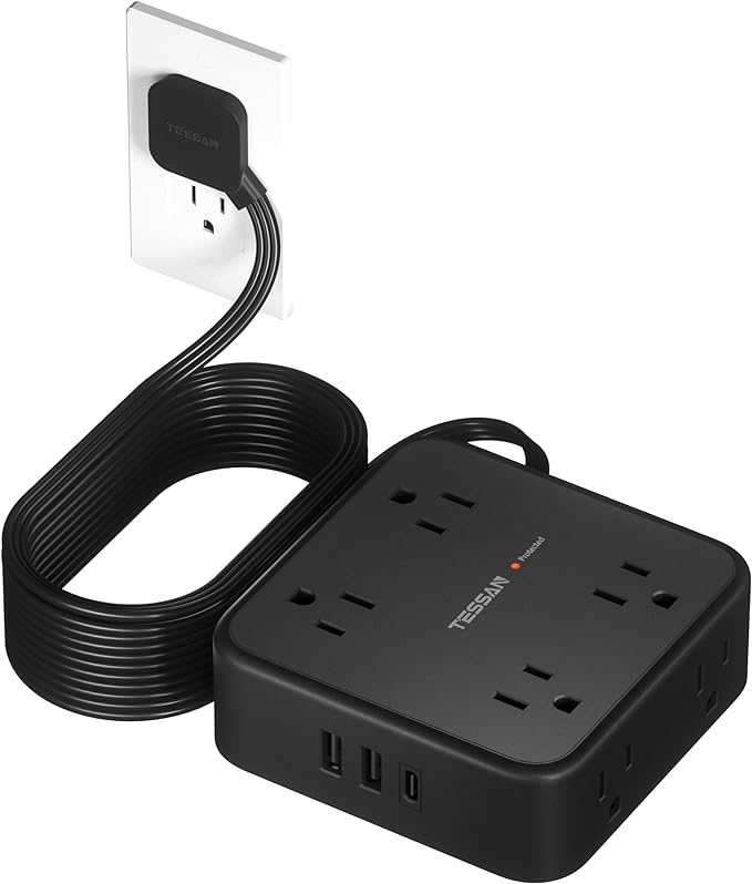 TESSAN Surge Protector Power Strip, 15 Ft Flat Plug Extension Cord with 3 USB (1 USB C) 8 Outlets, 900J Protection, 3 Sided Outlet Extender with Power Switch for Office, Dorm Room, Black