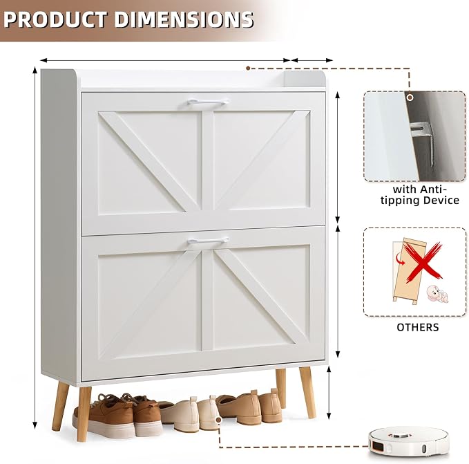 LEYAOYAO Shoe Cabinet Storage for Entryway with 2 Flip Drawers Rack Narrow Organizer Slim Hidden Wood Shoe Cabinet Furniture White