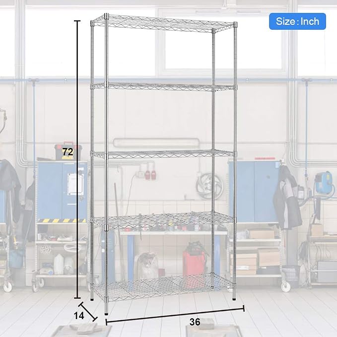 Meet perfect 5-Tier Heavy Duty Wire Shelving Unit, 72" H x 36" W x 14" D Metal Storage Rack with Leveling Feet, NSF Certified Steel Organizer for Garage, Kitchen, Pantry, 1250 lbs Capacity