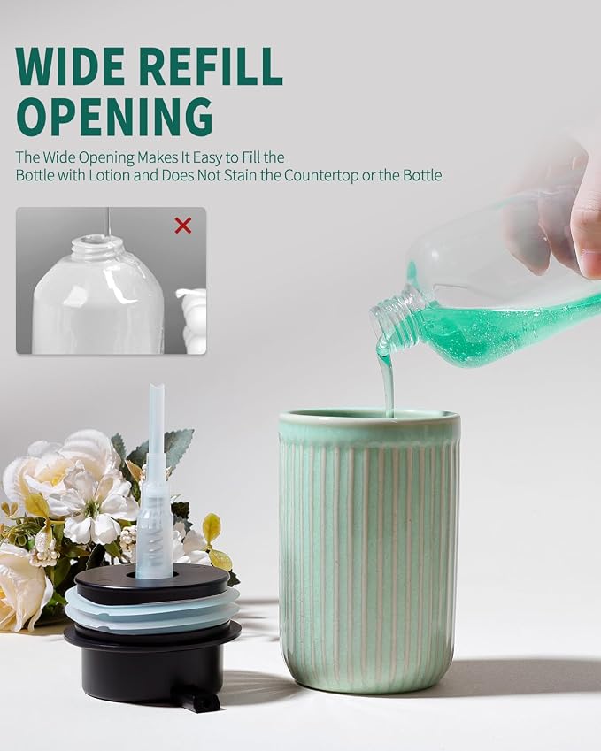 BosilunLife Dish Hand Soap Dispenser - Liquid Pump Soap Dispenser for Bathroom Deco Light Green 12oz Ceramic Kitchen Dish Dispenser with Rust-Proof Liquid Pump Modern Refillable Lotion Bottles
