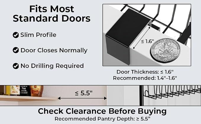 Over Door Organizer Storage - 8 Tier Black Metal Over the Door Pantry Organizer Heavy Duty Hanging Storage Rack, Behind Cabinet Shelves for Home, Kitchen, Bathroom, Closet, Pantry.