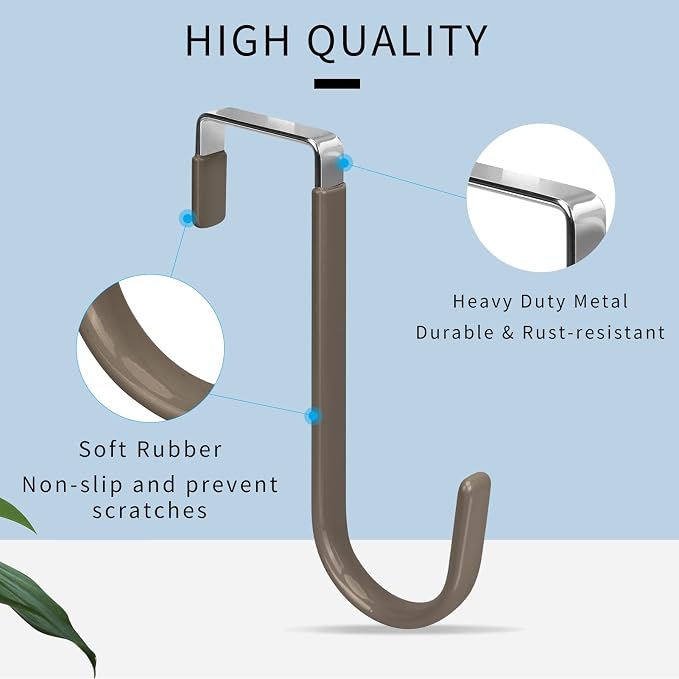 FYY Over the Door Hooks, Single-Hanger 4 Pack, Fits Doors 1 3/8" Brown | Heavy Duty Metal, Hold 20lbs, Rubber-Coated, No-Drilling, for Bathroom Dorm, Hanging Towels Clothes Hats Bags Coats Wreaths
