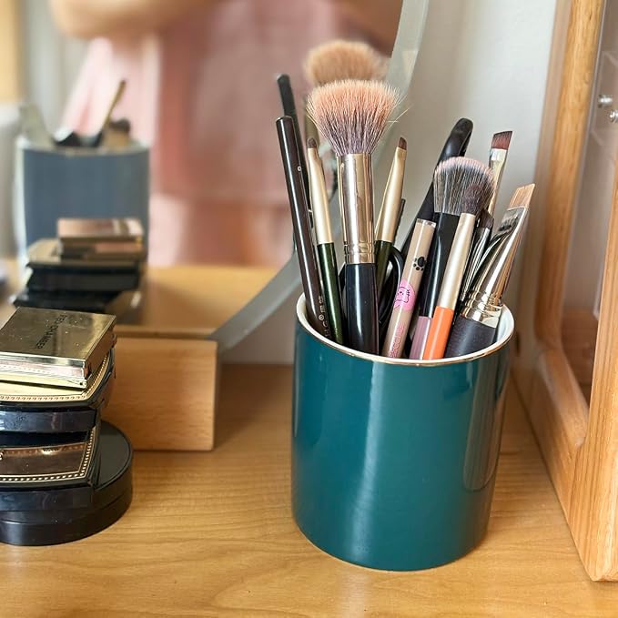 HANKOR Ceramic Pencil Holder for Desk - Cute Gold Trim Pen Aesthetic Makeup Brush Cup Holder Organizer for Desktop Storage Stationery Office Home Supplies (Green)