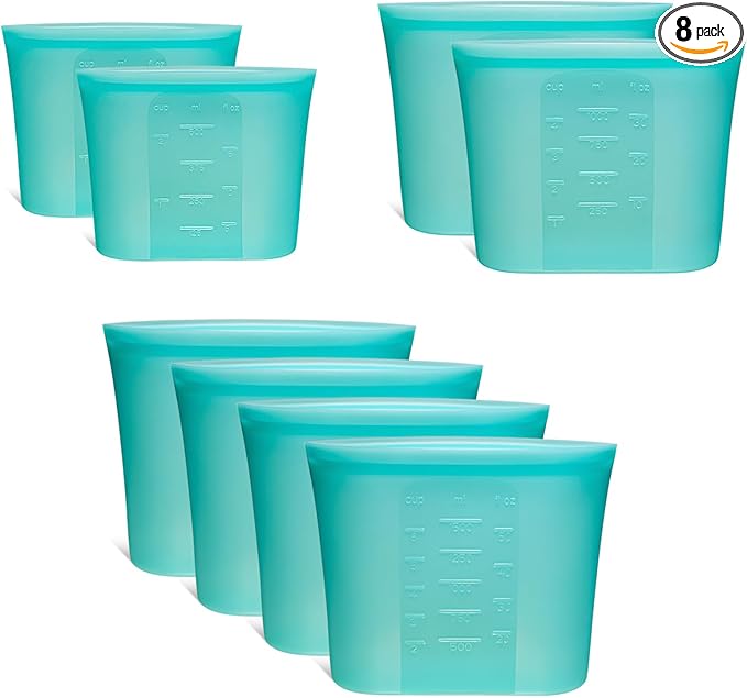 8-Pack Reusable Silicone Food Storage Bags, 100% Silicone Stand-Up Wide-Open Zip-Lock Reusable Storage Bags for Food, Freezer Microwave Oven Dishwasher Safe, Aqua, 4M 2S 2XS