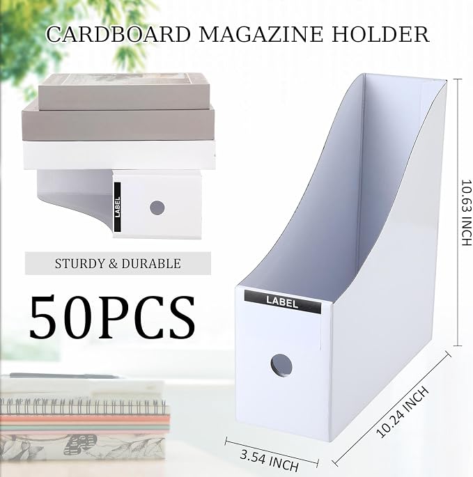 Geyee 50 Pcs Cardboard Magazine Holder Magazine File Holder Magazine Storage Box Document Magazine File Organizer with 50 Pcs Labels for School Office Home Supplies (White)