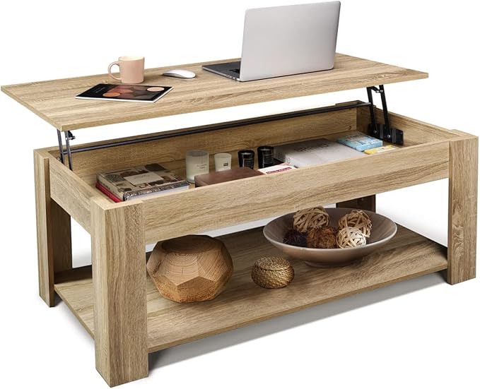 CAPHAUS 47' Natural Oak Lift Top Coffee Table with Storage, 110 lbs Capacity, 11 lbs Lifted