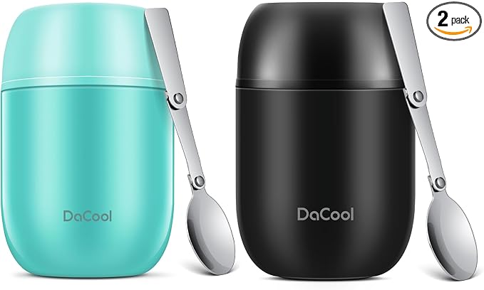 DaCool 2 Pack Food Thermo for Hot Food 16 OZ Insulated Food Jar Kids Adult Vacuum Stainless Steel Lunch Thermo Insulated Lunch Container for School Office Picnic Travel Outdoors,Black+Cyan Blue
