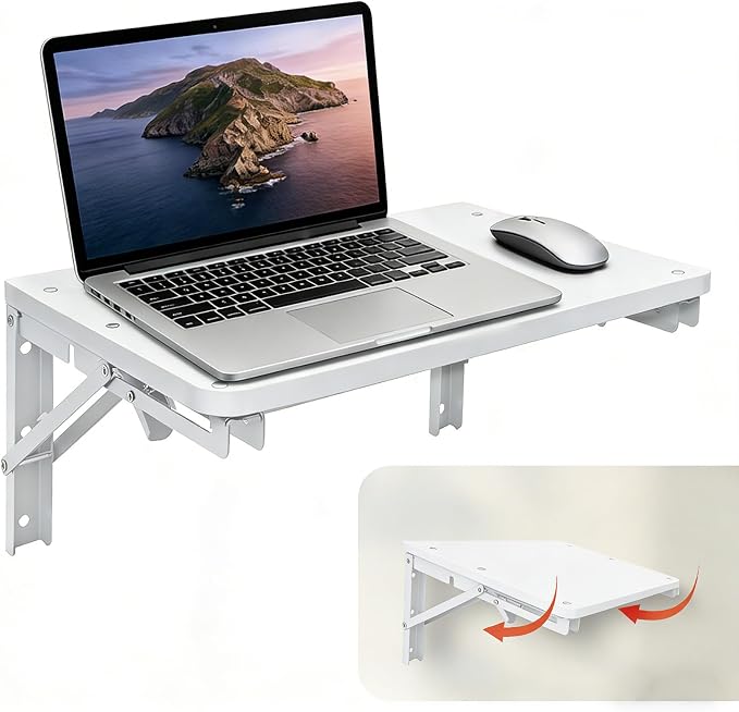 Folding Shelf Wall Mounted, 16.5inches Floating Desk for Small Space | Wooden Fold Down Projector Shelf, 2pcs Heavy-Duty Brackets Holds Up to 55lbs for Bedside, Living Room, Home Office, Kitchen