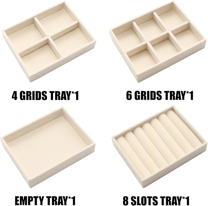 Small Jewelry Tray Set 4 Pcs Beige Velvet Stackable Jewelry Organizer Tray Mini Jewelry Drawer Organizer for Necklace Ring Earrings Jewelry (4 Styles)