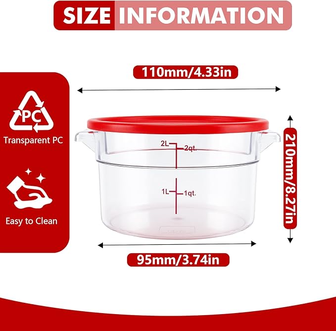 4-Pack Food Storage Containers with Lids,Round Plastic Containers for Kitchen, Food Grade, BPA-Free, Stackable, Clear Red Storage Buckets (Red, 2L)