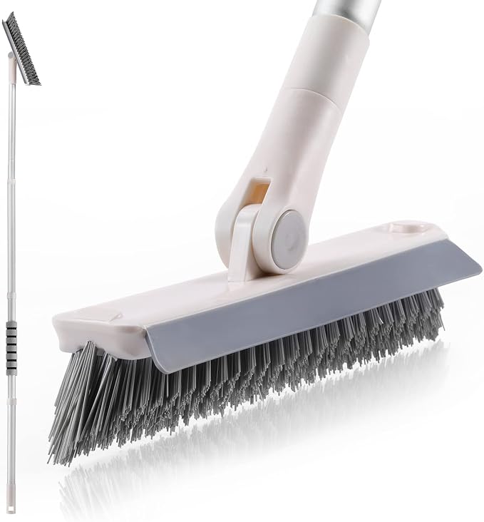 Grout Brush with Long Handle, 2 in 1 Floor Scrub Brush with Squeegee | Shower Scrubber Cleaner Swivel Stiff Bristle for Cleaning Baseboards Tile Floors Bathroom Wall