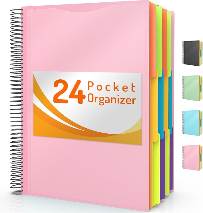 Forvencer 24 Pocket Project Organizer, 1/3-cut Tab Binder Organizer with Sticky Labels, Multi Pocket Folder with Zipper Pouch, Folder Binder Spiral Pocket Notebook, Office Supplies, Letter Size, Pink
