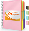 Forvencer 24 Pocket Project Organizer, 1/3-cut Tab Binder Organizer with Sticky Labels, Multi Pocket Folder with Zipper Pouch, Folder Binder Spiral Pocket Notebook, Office Supplies, Letter Size, Pink