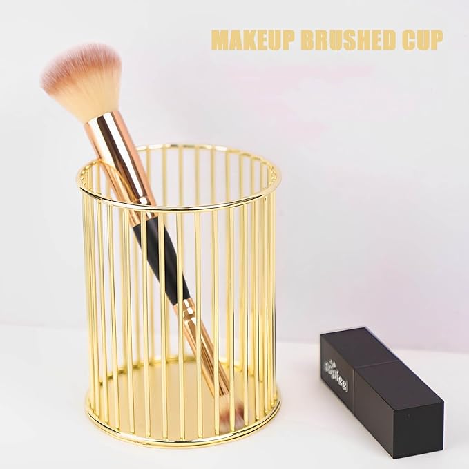 Gold Pen Holder for Desk, Metal Pencil Holders Makeup Brushes Cup for Preppy Room Decor Office Home Bedroom School Organizer Toothbrush Holder Gold Decor Aesthetic Gift Accessories