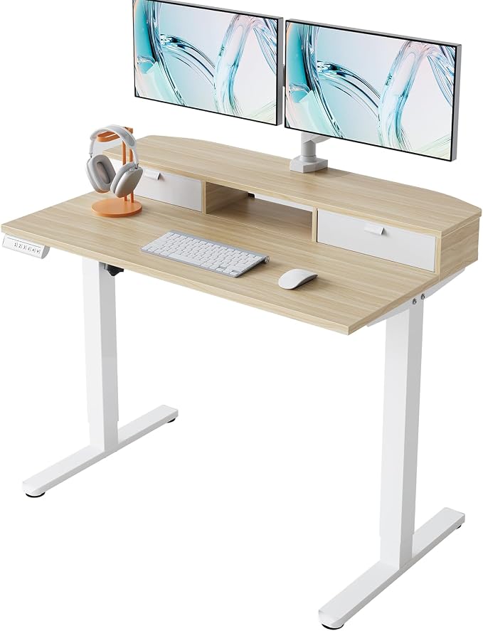 HUANUO 40" X 24" Electric Standing Desk with 2 Drawers, C-Clamp Mount Compatible, Height Adjustable Computer Desk, Home Office Stand Up Desk with 4 Preset Heights & 2 Hooks, Light Walnut