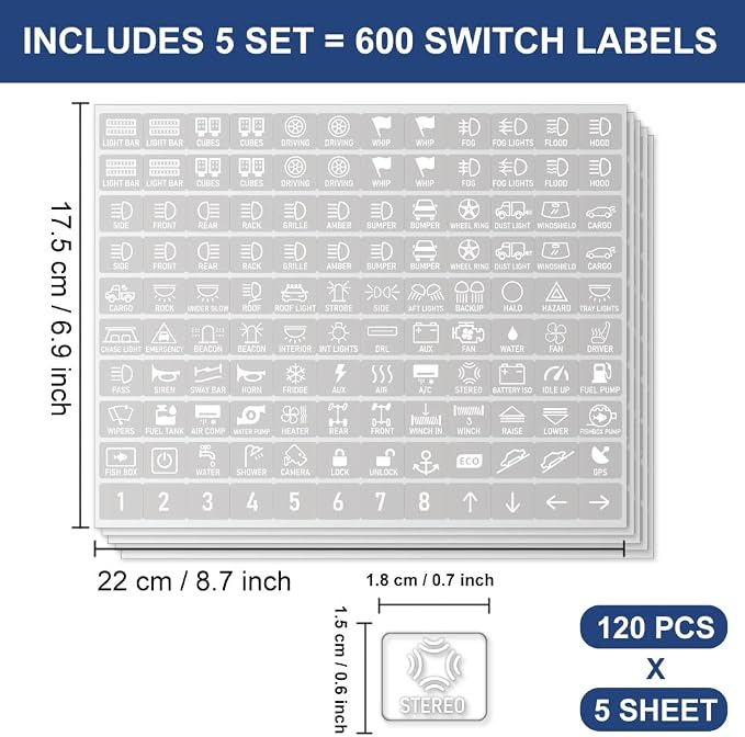 600 Pcs Car Switch Panel Stickers, White Auto Switch ID Label Decals Transparent Dash Board Switch Label Decals for Car Boat Truck Campers, 18x15mm