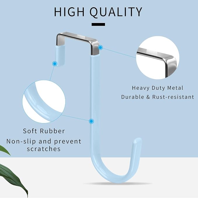 FYY Over the Door Hooks, Single-Hanger 4 Pack, Fits Doors 1 3/8" Cyan | Heavy Duty Metal, Hold 20lbs, Rubber-Coated, No-Drilling, for Bathroom Dorm, Hanging Towels Clothes Hats Bags Coats Wreaths