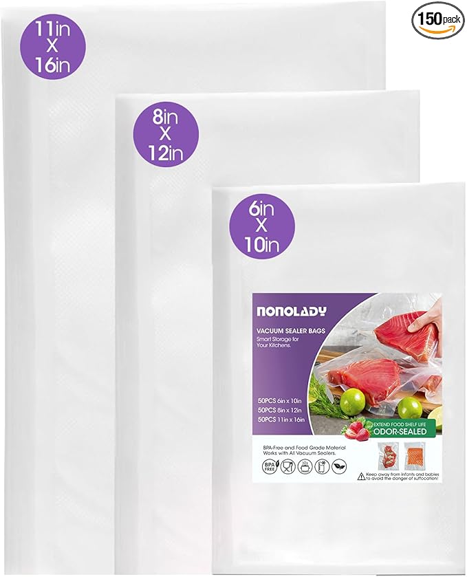 Vacuum Sealer Bags for Food, 50 Gallon 11" x 16" & 50 Quart 8" x 12" & 50 Pint 6" x 10" Precut, Commercial Grade, BPA Free, for Food Vac Storage, Freezer, Sous Vide, Meal Prep