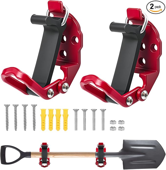 2 Pack Shovel Holder Wall Mount for Truck & Trailer, Adjustable Rubber-Coated Clamp for Shovel, Broom & Rake,Axe (0.6"–1.43"), Tool Holder for Overlanding, Off-Road, Work Truck & Garage,Red