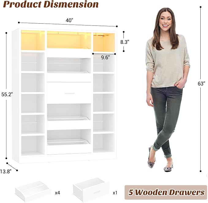 Besiost 40" Closet System with LED Lights, Wooden Closet Organizer System with Drawers & Shelves, Versatile Closet Storage Tower for Walk-in Closets, Shoe Rack and Handbag Storage Cabinet, White