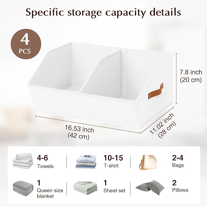 Homsorout Closet Organizers and Storage Bins - 4 Pack Collapsible Divided Trapezoidal Cube Storage Bins Baskets with Orange Handle for Organizing Clothes Blankets, Toys, Books, Towels(White)