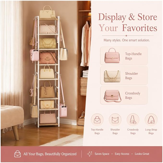 8-Tier Narrow Purse Organizer for Closet, Tall Vertical Purse Rack for Small Spaces, Corner Handbag Storage Display Shelf with Adjustable Fabric Shelves & 8 Hooks for Small & Medium Tote Bags, Bedroom