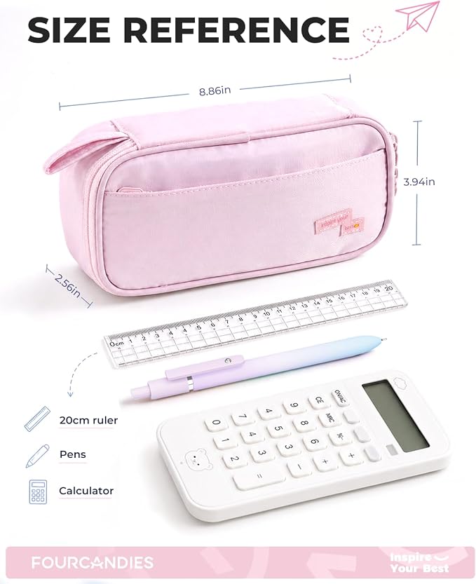 Four Candies Large Pencil Case, 5 Compartments Pen Organizer, Big Capacity Canvas Pencil Pouch Bag for School Supplies, Portable Stationery Holder for Teen Girls, Women (Pink)