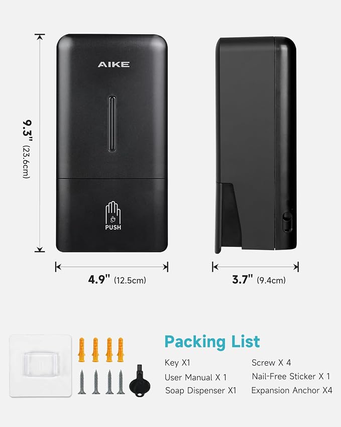 AIKE Foaming Commercial Soap Dispenser,27oz Capacity for Bathroom,Black | No-Drill and Screw Wall Mount Design for Space-Saving,Large Button and Capacity Dense Foam for Commercial Bathroom,AK1006F
