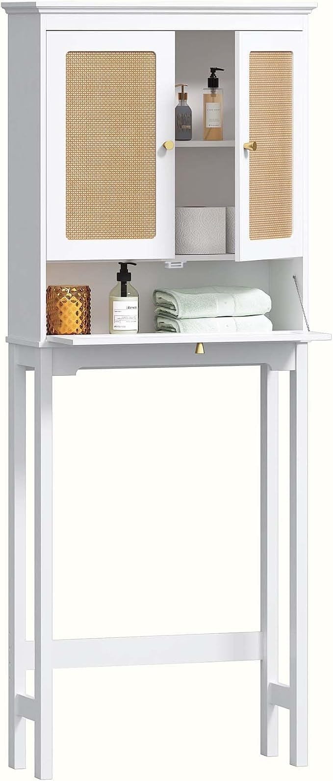 Spirich Over the Toilet Storage Cabinet with Hand-Woven Rattan Doors, White | Tilt-Out Storage Cube, Adjustable Shelf, 33-Inch Toilet Clearance, Anti-Tip Bracket, Bathroom Organizer for Toiletries