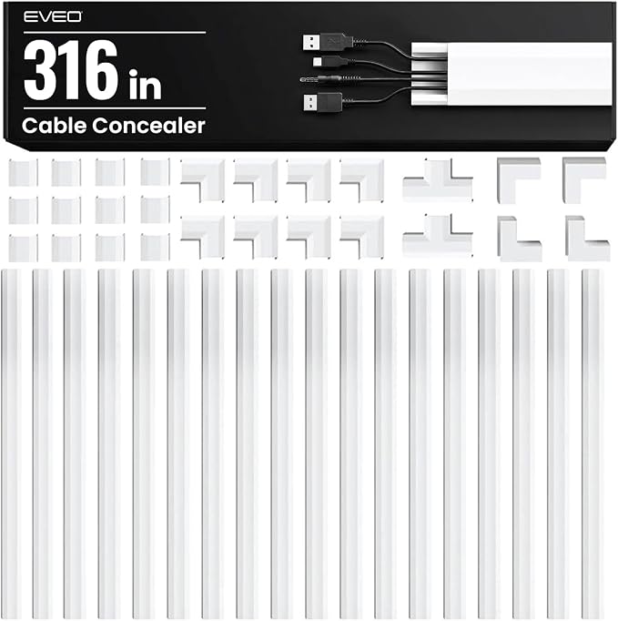 EVEO Cord Hider - 300” Cord Cover Wall Cable Hider, Cable Concealer, Wire Hiders for TV on Wall. Cable Management, Cord Hider Cable Raceway Wire Covers for Cords (White, Large)