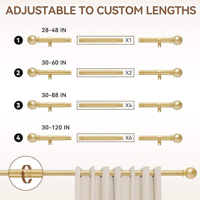 Gold Curtain Rod for Windows 28 to 48 Inch, 5/8 Inch Diameter Heavy Duty Splicing Adjustable Curtain Rods With Brackets, Easy to Install, Suitable for Bedroom, Patio and Outdoor