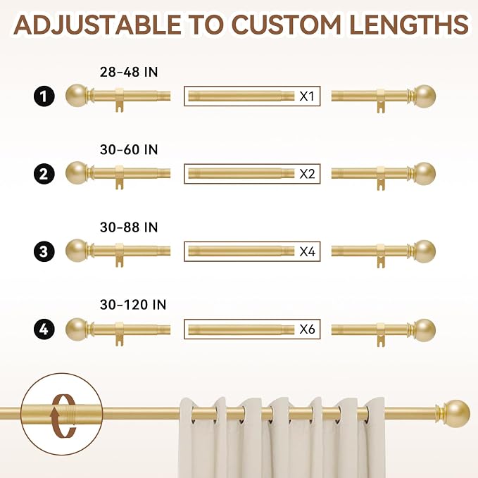 Gold Curtain Rod for Windows 30 to 60 Inch, 5/8 Inch Diameter Adjustable Curtain Rods With Brackets, Heavy Duty Easy to Install Curtain Rods for Bedroom, Outdoor Curtain Rod for Patio