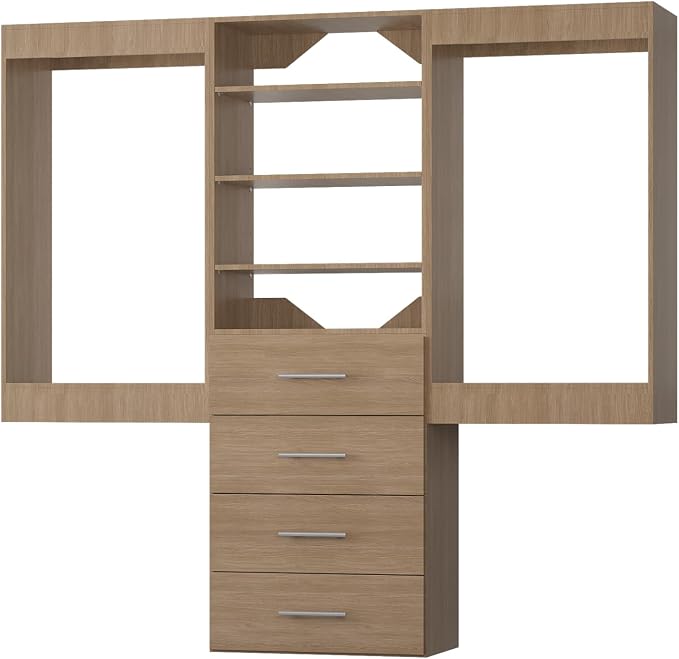 ROOMTEC Modular Closet System, 90" Wall-Mounted Closet Organizer with Drawers and Hanging Rods, Wooden Tower for Walk-In Closets, Wardrobe Storage Kit, Wood
