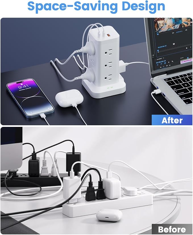 Power Strip Tower with Surge Protector 1800J, Fast Charging Tower PD20W USB-C Ports with 12 AC Outlets, Extension Cord for Home Office Dorm Room,10ft, White