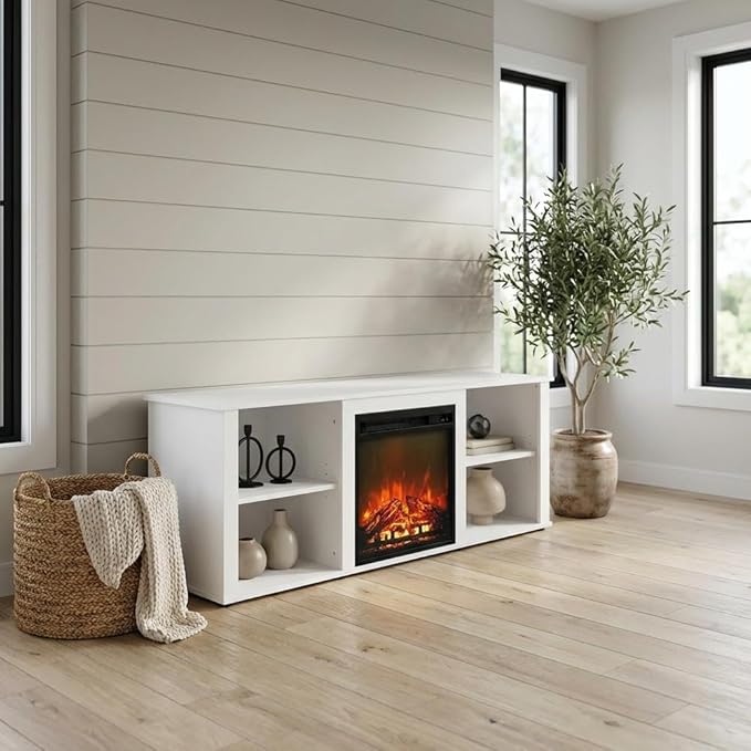 Furnifact White TV Stand with Fireplace, 60 Inch Modern Media Console with Wood Construction, Durable Build and Elegant Living Room Entertainment Design