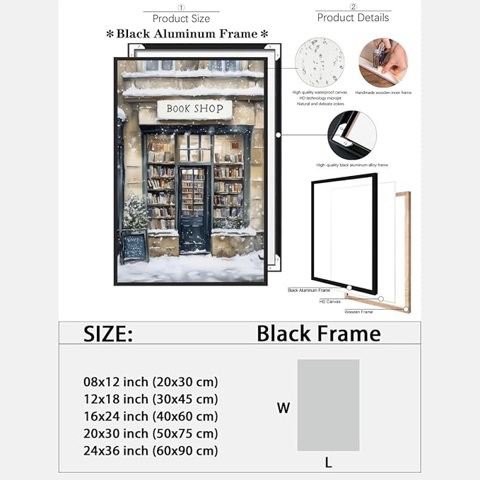 Winter Snowy Bookshop Art Aesthetic Poster Canvas Wall Art Decoration Living Room Home Decor Bedroom Decoration Poster black framed20x30inch