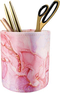 Pen Holder for Women Girls, Pencil Cup Pink Desk Decor, Makeup Brush Holder Large Pu Leather Multi-Functional Organizer Cup for Office, Classroom, Home, Red Marble