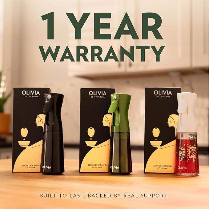 OLIVIA Signature Oil Sprayer for Cooking, 200ml Glass Olive Oil Sprayer, Continuous Cooking Spray with Portion Control, Oil Dispenser for Kitchen, Air Fryer, Salad, BBQ (White Bottle, Gold Print)