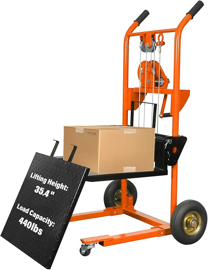 Tory Carrier Material Lift Winch Stacker, 440 lbs Capacity Pallet Stacker, 35.4" Lifting Height, Pallet Truck Dolly, Swivel Casters Lift Table Cart, Forklift with Steel Platform(Orange)