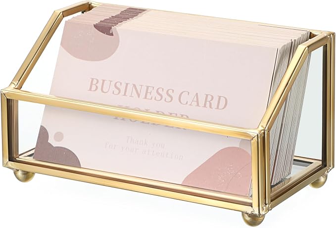Hipiwe Glass Business Card Holder Stand, Gold Metal Frame Name Card Display Organizer, Office Desktop Countertop Business Cards Storage Holder, Fits 80-100 Business Cards