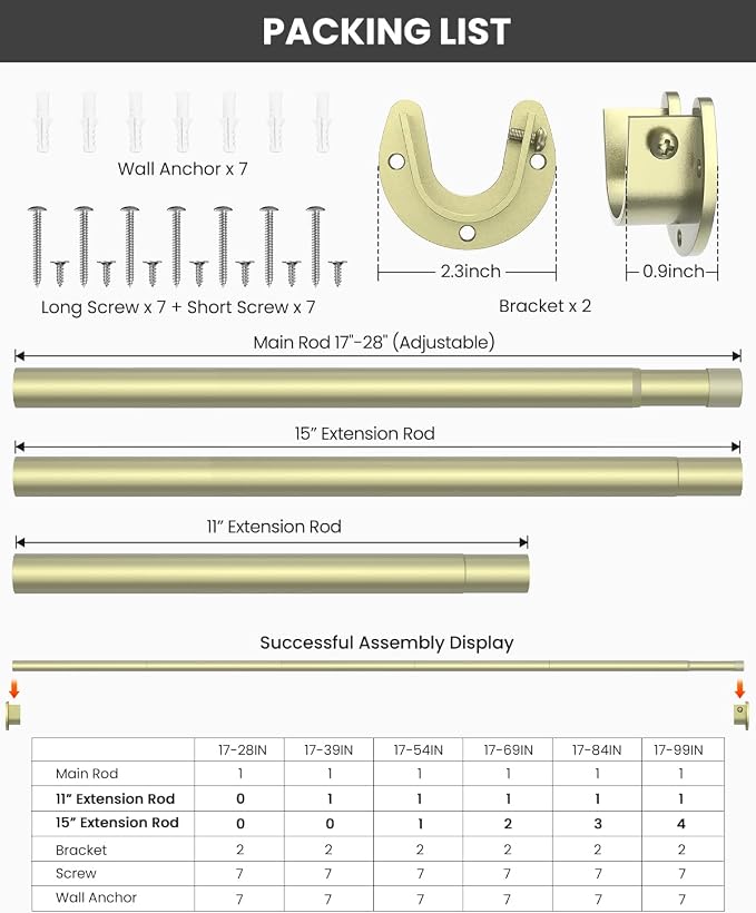 Supforce Closet Rods for Hanging Clothes, 17 to 84 Inches Stepless Adjustable Metal Closet Rod, 1.3 Inches Heavy Duty Clothes Hanging Rod for Closet Wardrobes Laundry RV, Verdant Gold