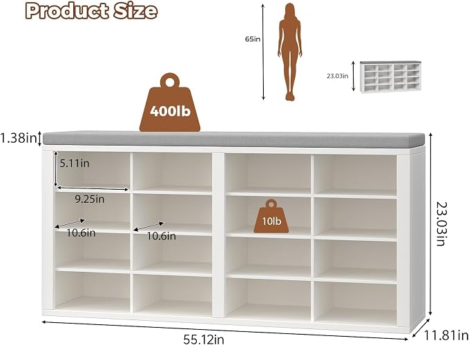 Shoe Storage Bench with Cushion Shoe Rack for Entryway 16 Cubby Multifunctional Organizer Bench Entryway with Soft Sponge Cushion for Hallway Living Room Bedroom (White & Light Gray)
