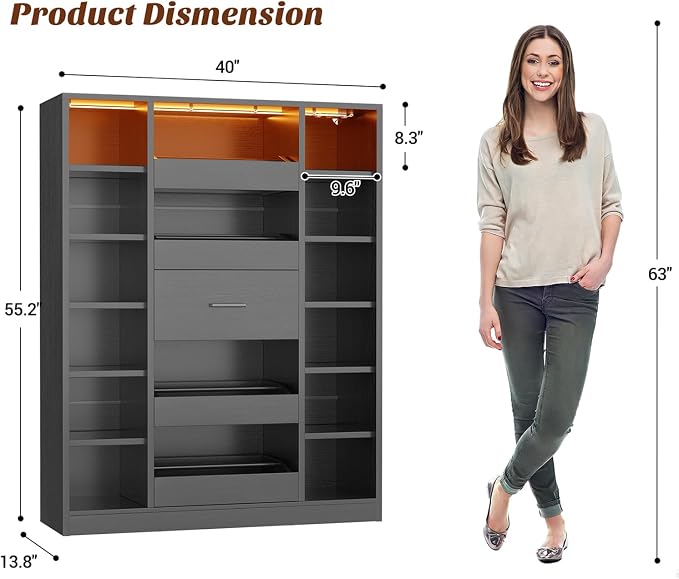 Besiost 40" Closet System with LED Lights, Wooden Closet Organizer with Drawers & Shelves, Versatile Closet Storage Tower for Walk-in Closets, Shoe Rack and Handbag Storage Cabinet, Black