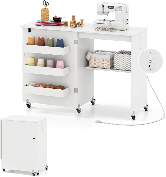 Giantex Folding Sewing Table with Charging Station, Storage Trays & Shelf | Rolling Craft Table with Lockable Wheels, Foldable Sewing Machine Cabinet Desk for Small Spaces, Dorms, White