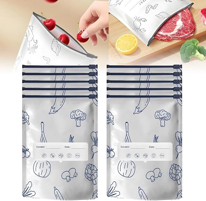 Reusable Aluminum Foil Sealable Storage Bags, Vacuum Zipper Pouches with Label and Stand Up Bottom Design, Leakproof Durable Food Storage Bags for Vegetables Fruits Meat (10, Large)