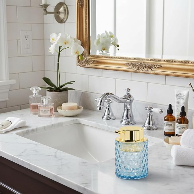 10 Oz Glass Hand Soap Dispenser with Pump, Refillable Bathroom Gold Foaming Soap Dispenser, Vintage Glass Diamond Lotion Container Bottle for Bathroom and Kitchen (2, Blue and Gold)