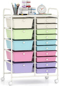 Giantex 15 Drawer Rolling Cart with Drawers, Storage Organizer Cart for Classroom Office School Teacher, Mobile Drawer Cart for Tools, Crafts, Small Printer, Paper, Pastel Ice Cream